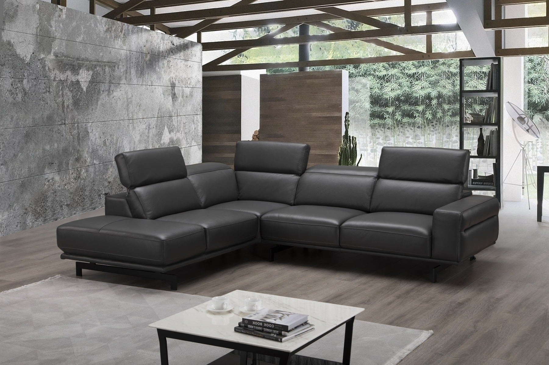 J & M Davenport Leather Sectional, Slate Gray