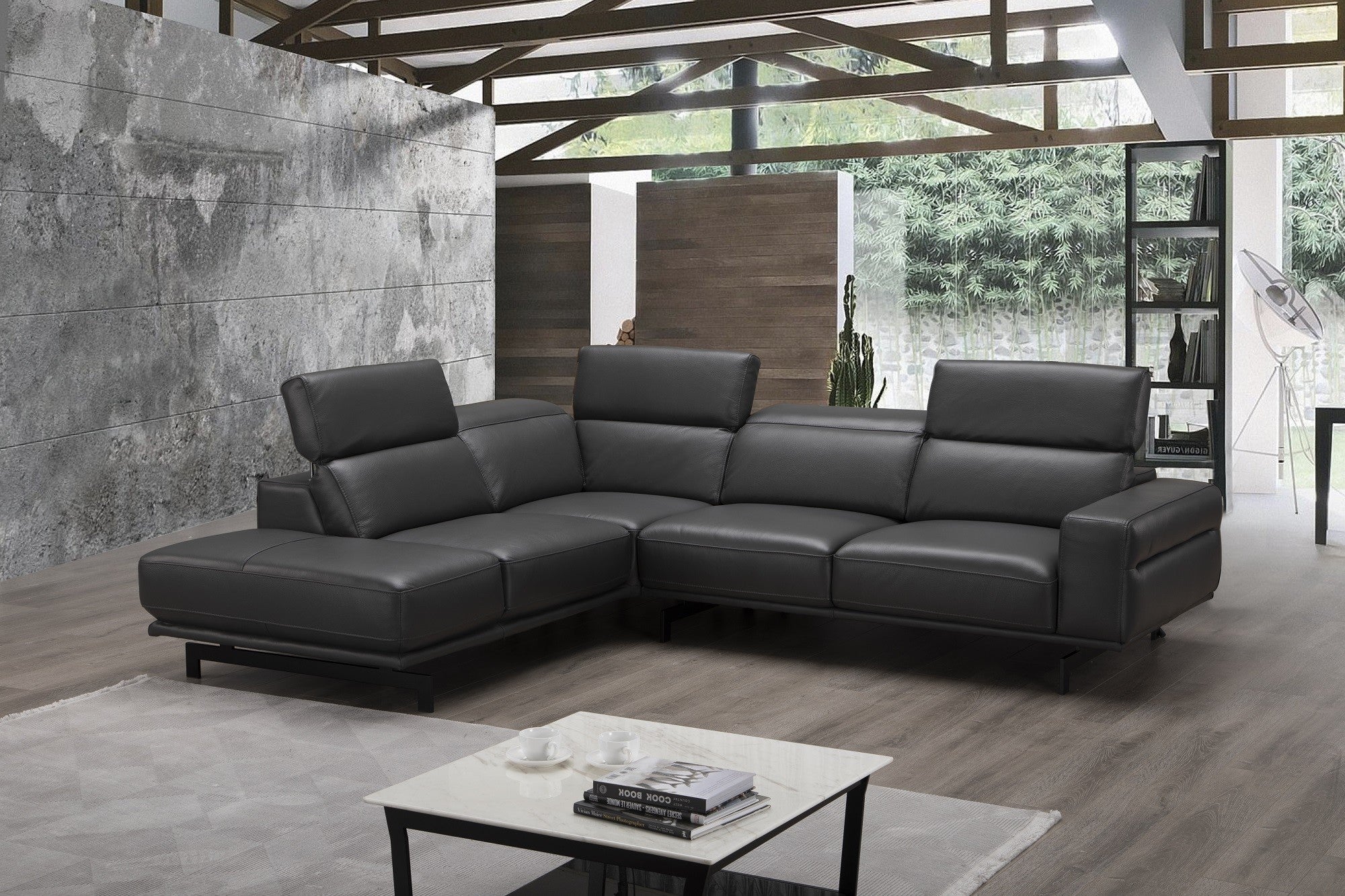 J & M Davenport Leather Sectional, Slate Gray