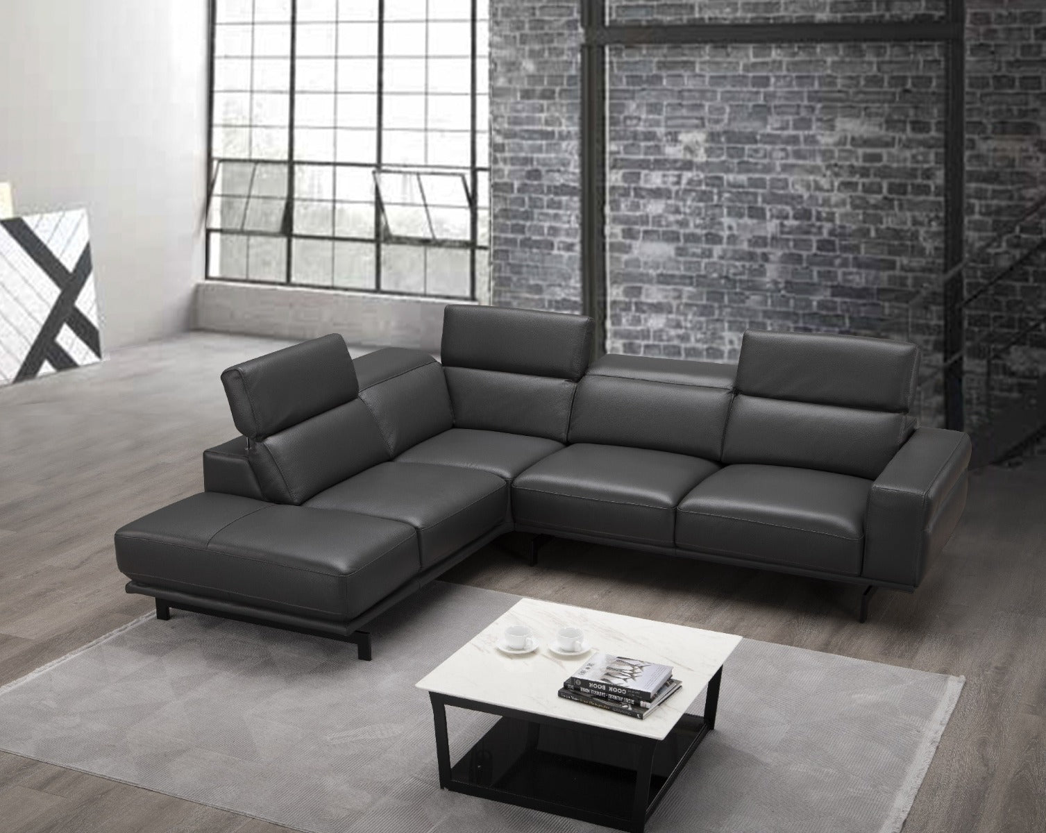 J & M Davenport Leather Sectional, Slate Gray
