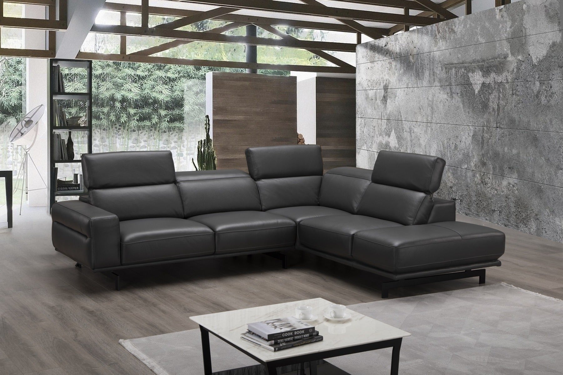 J & M Davenport Leather Sectional, Slate Gray