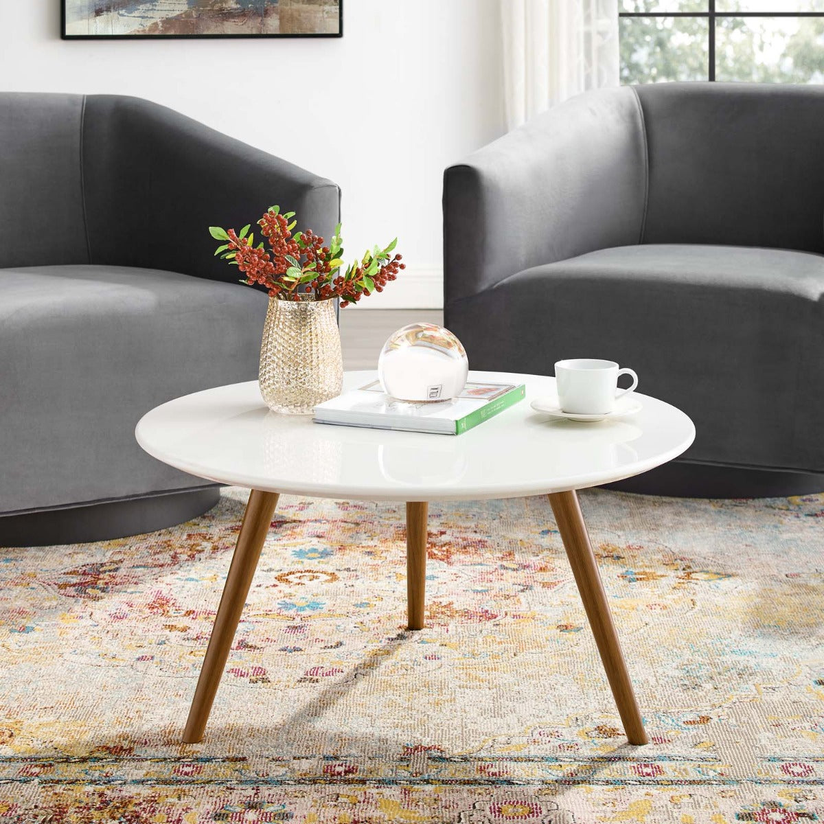 Modway Lippa 28" Round Wood Top Coffee Table with Tripod Base