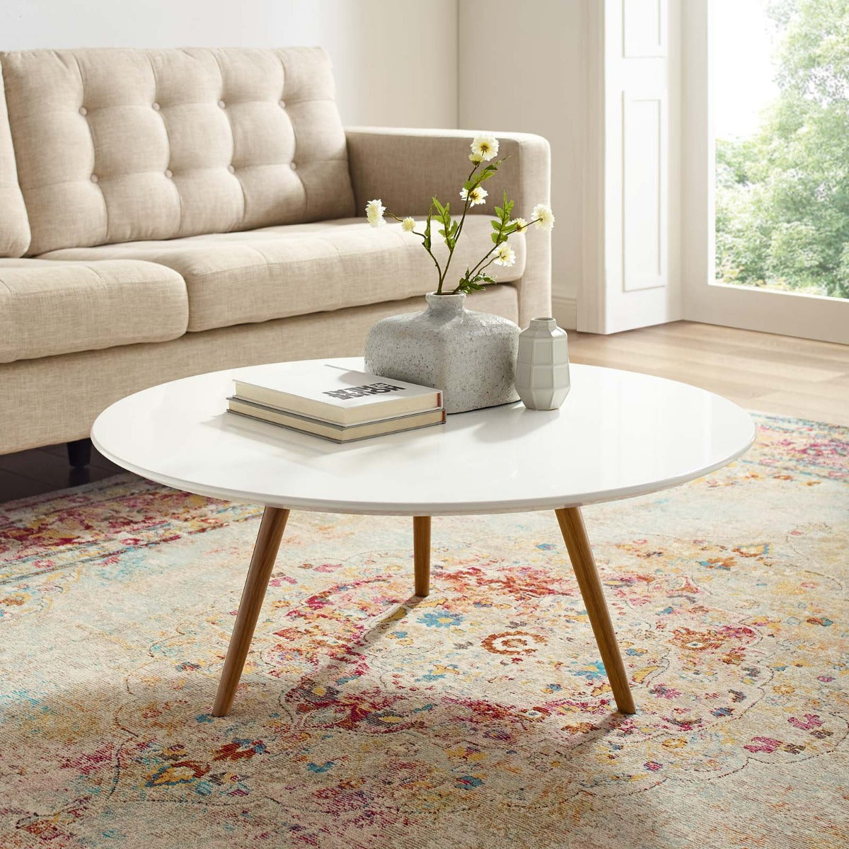 Modway Lippa 36" Round Wood Top Coffee Table with Tripod Base