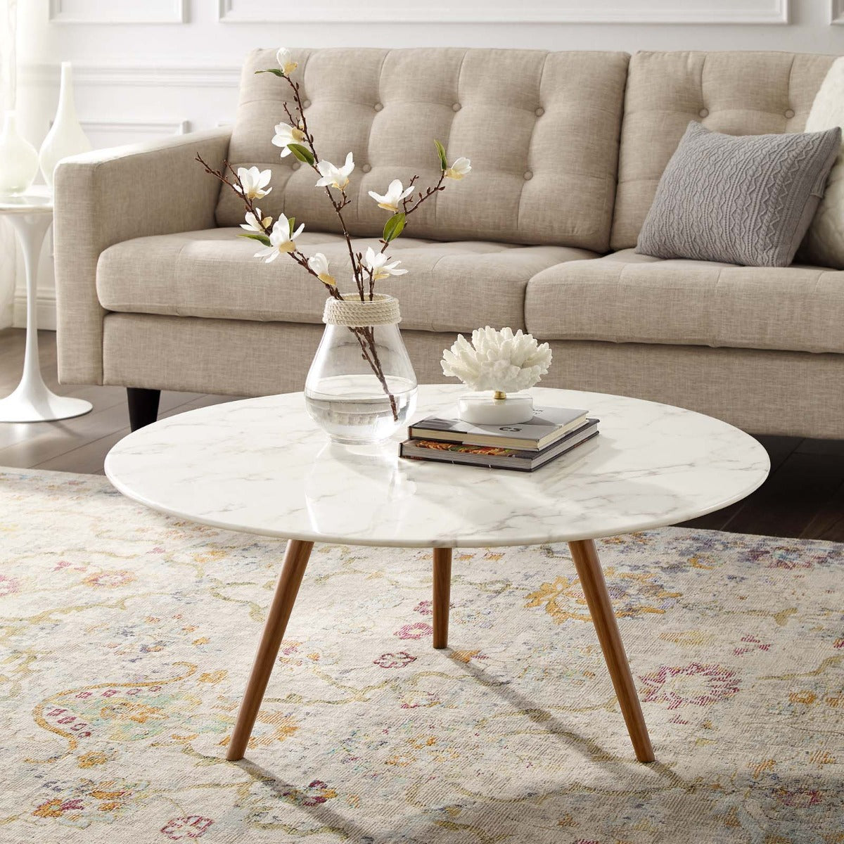 Modway Lippa 36" Round Artificial Marble Coffee Table with Tripod Base