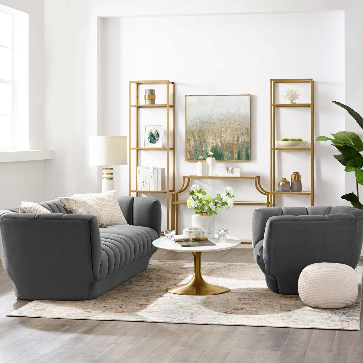 Modway Entertain Vertical Channel Tufted Performance Velvet Sofa and Armchair Set