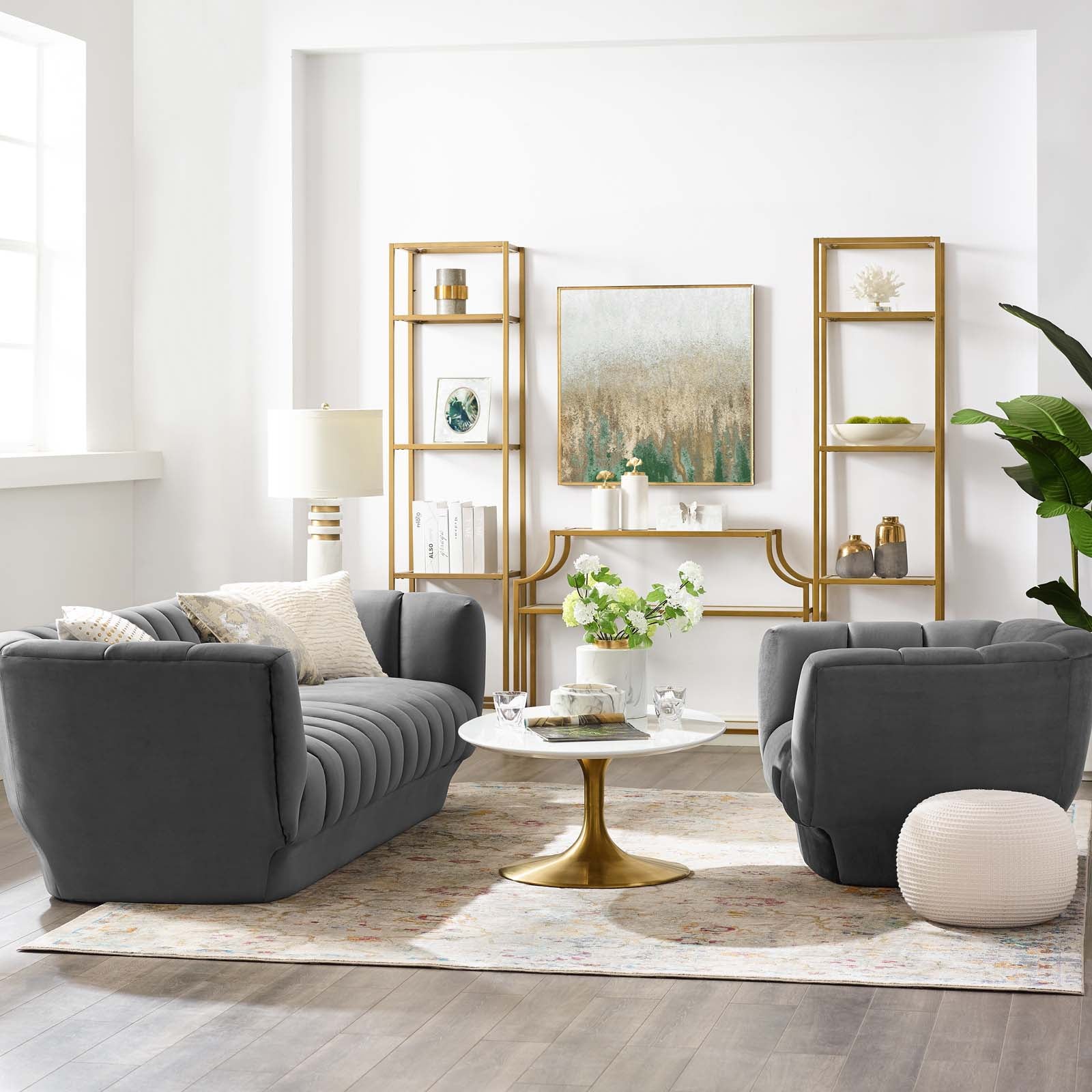 Modway Entertain Vertical Channel Tufted Performance Velvet Sofa and Armchair Set
