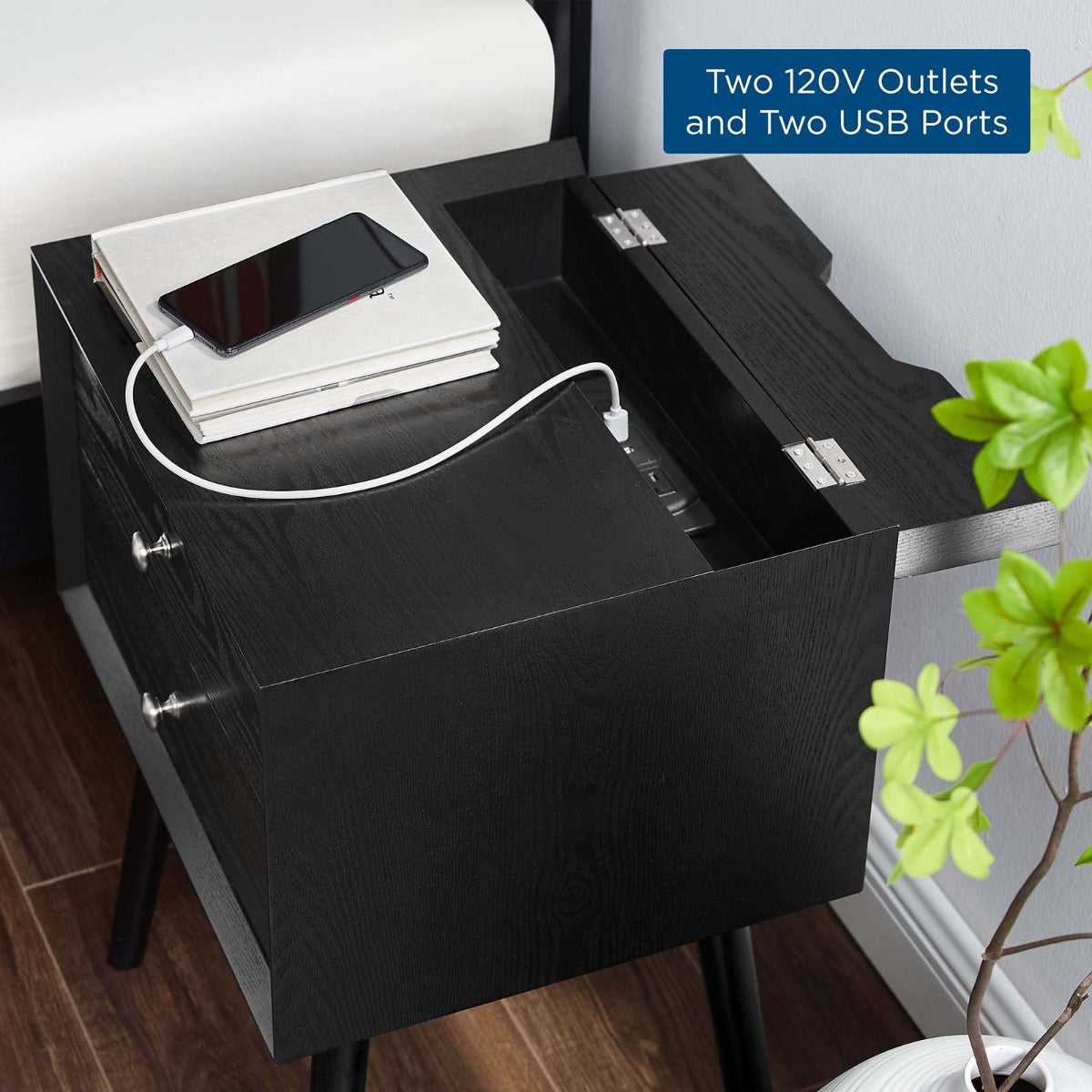 Modway Ember Wood Nightstand With USB Ports