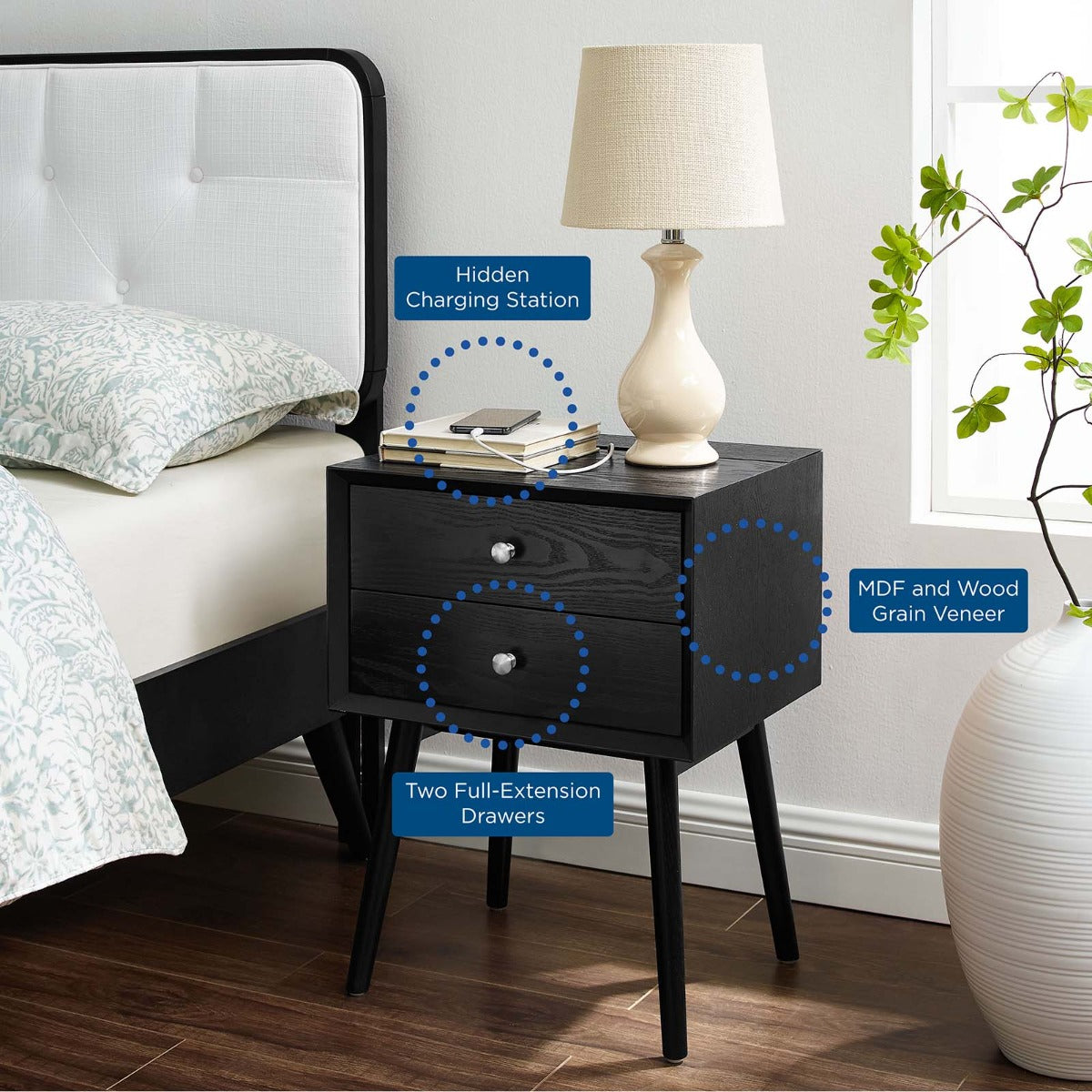 Modway Ember Wood Nightstand With USB Ports
