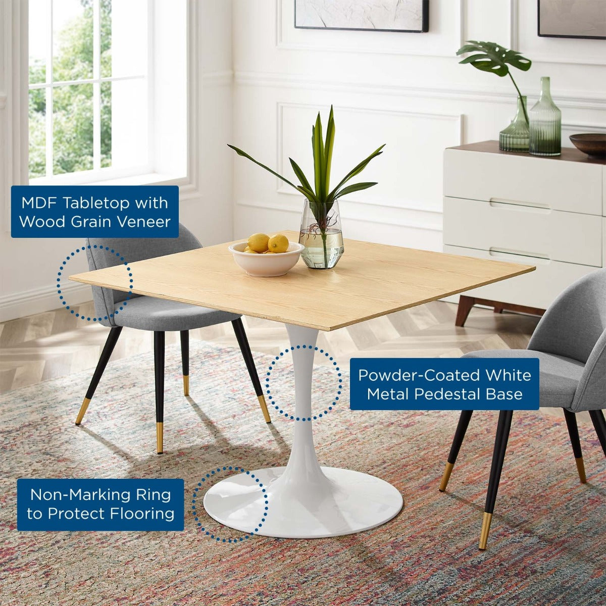 Modway Lippa 40" Square Dining Table White Natural