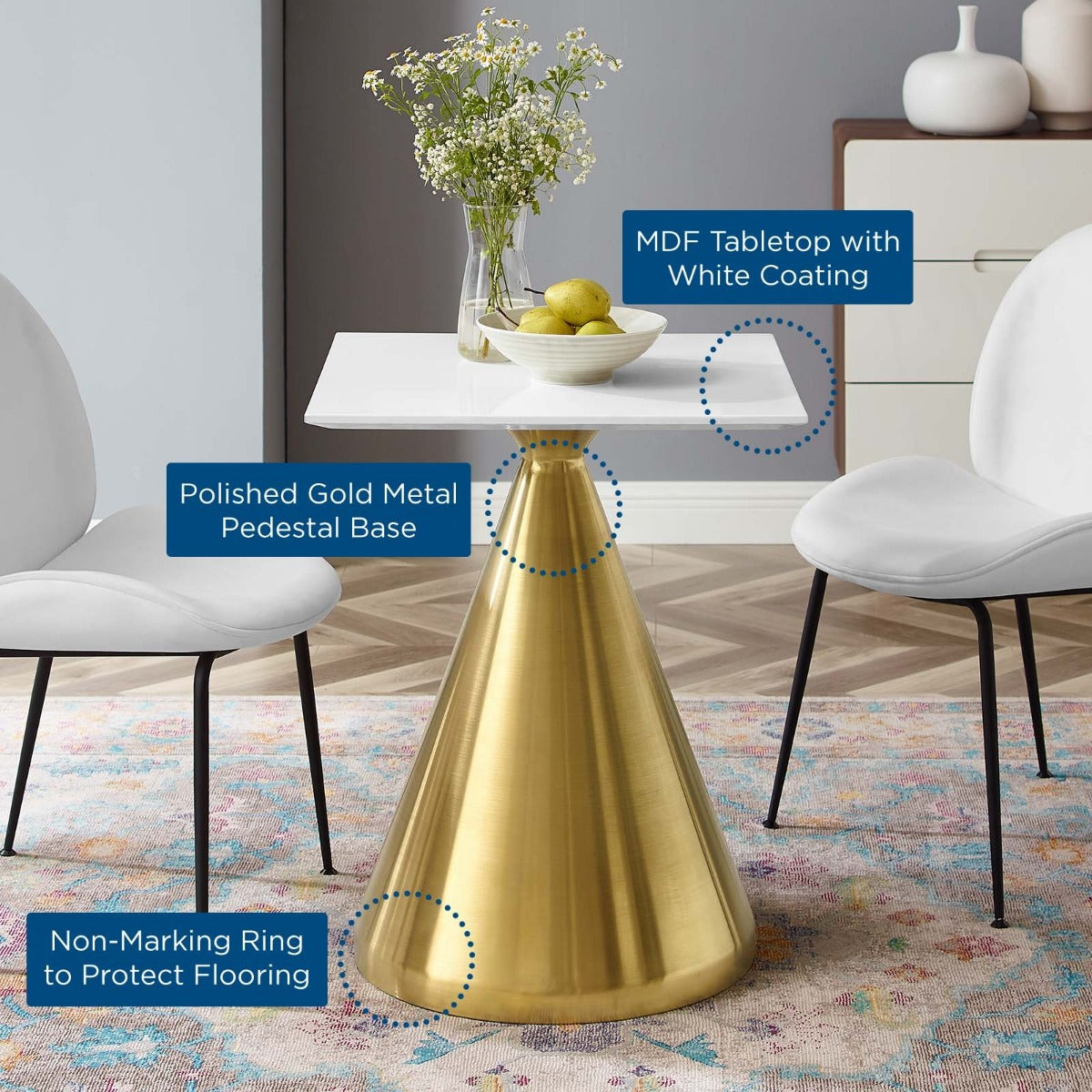Modway Tupelo 24" Square Dining Table Gold White