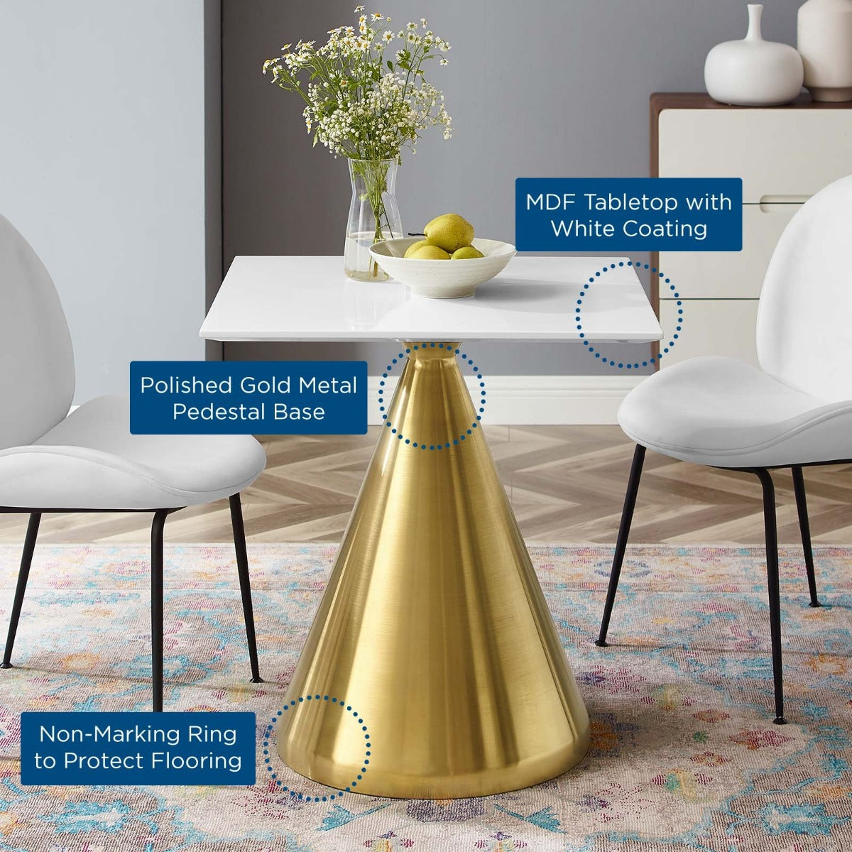Modway Tupelo 28" Square Dining Table Gold White