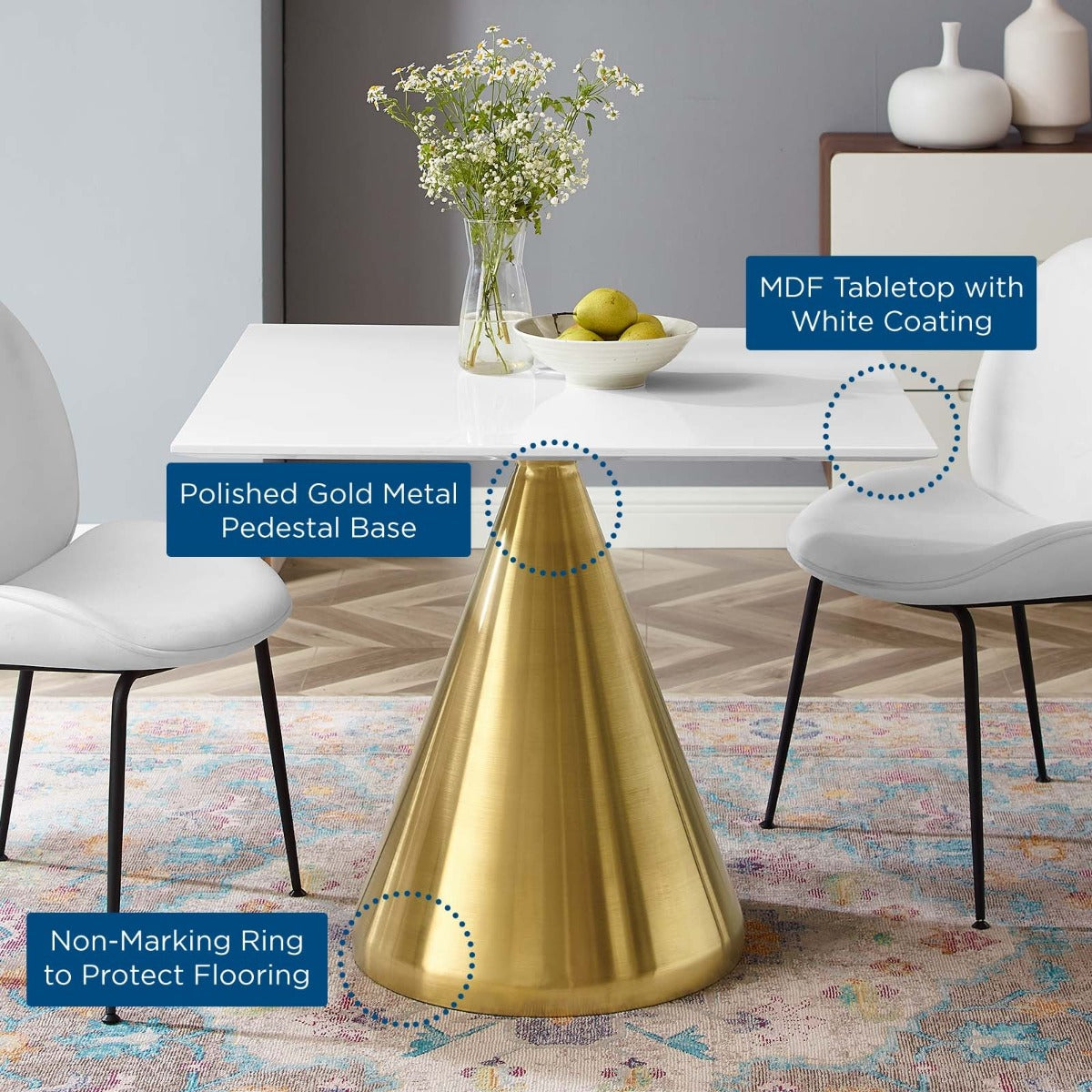 Modway Tupelo 36" Square Dining Table Gold White