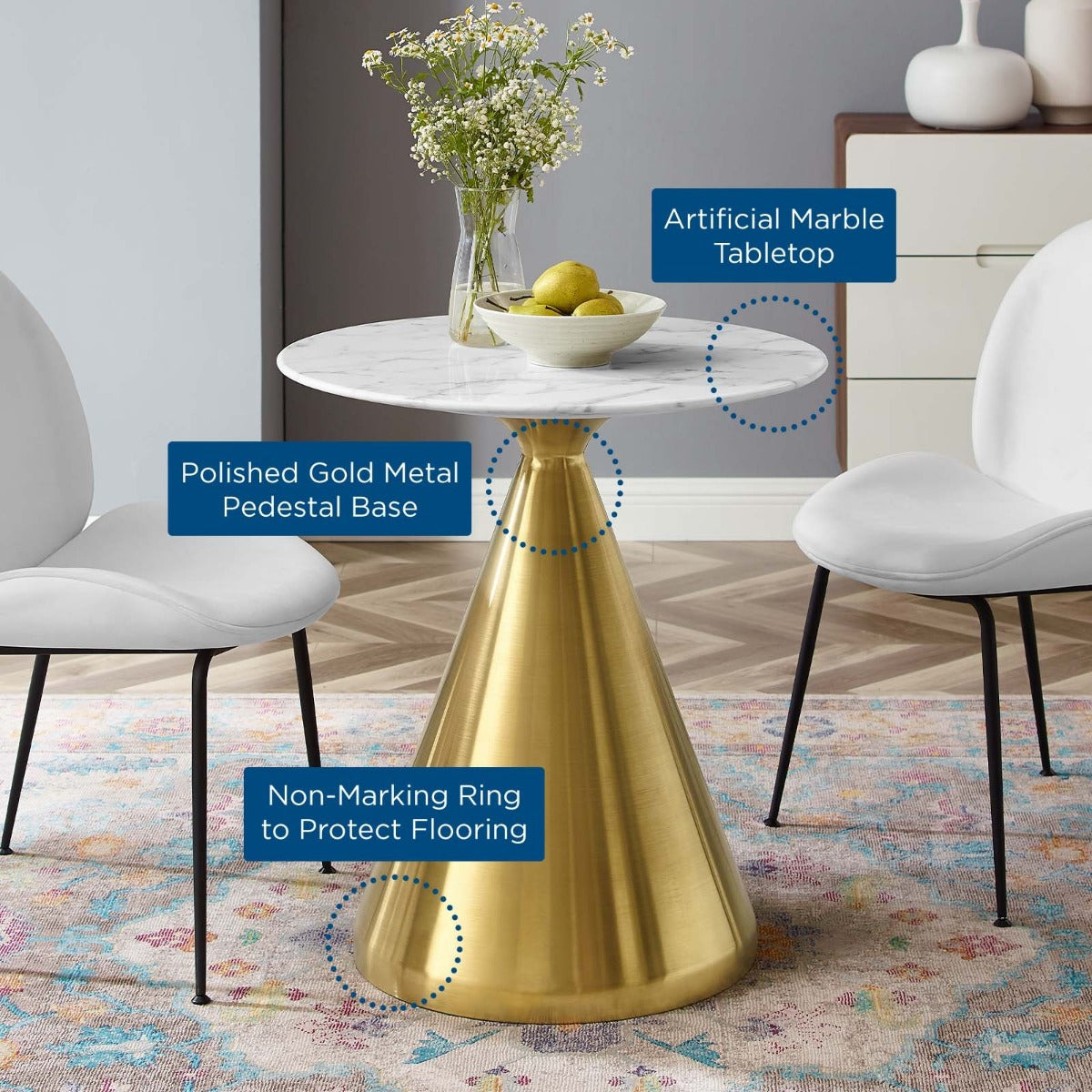 Modway Tupelo 28" Artificial Marble Dining Table Gold White