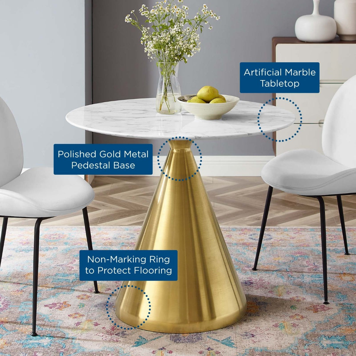 Modway Tupelo 36" Artificial Marble Dining Table Gold White
