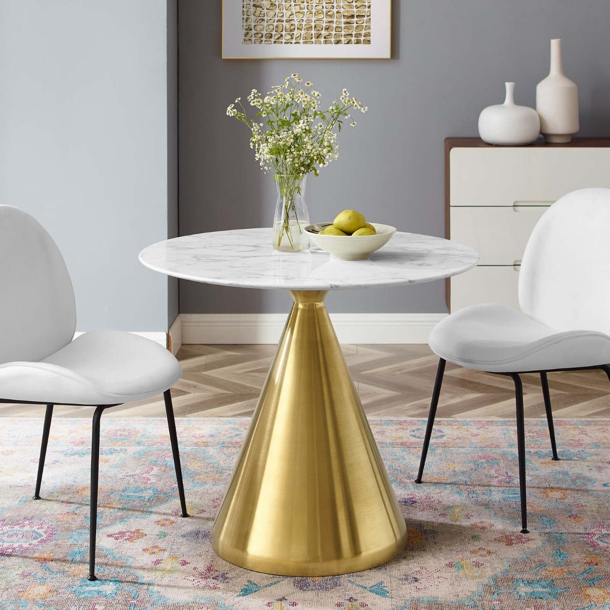 Modway Tupelo 36" Artificial Marble Dining Table Gold White