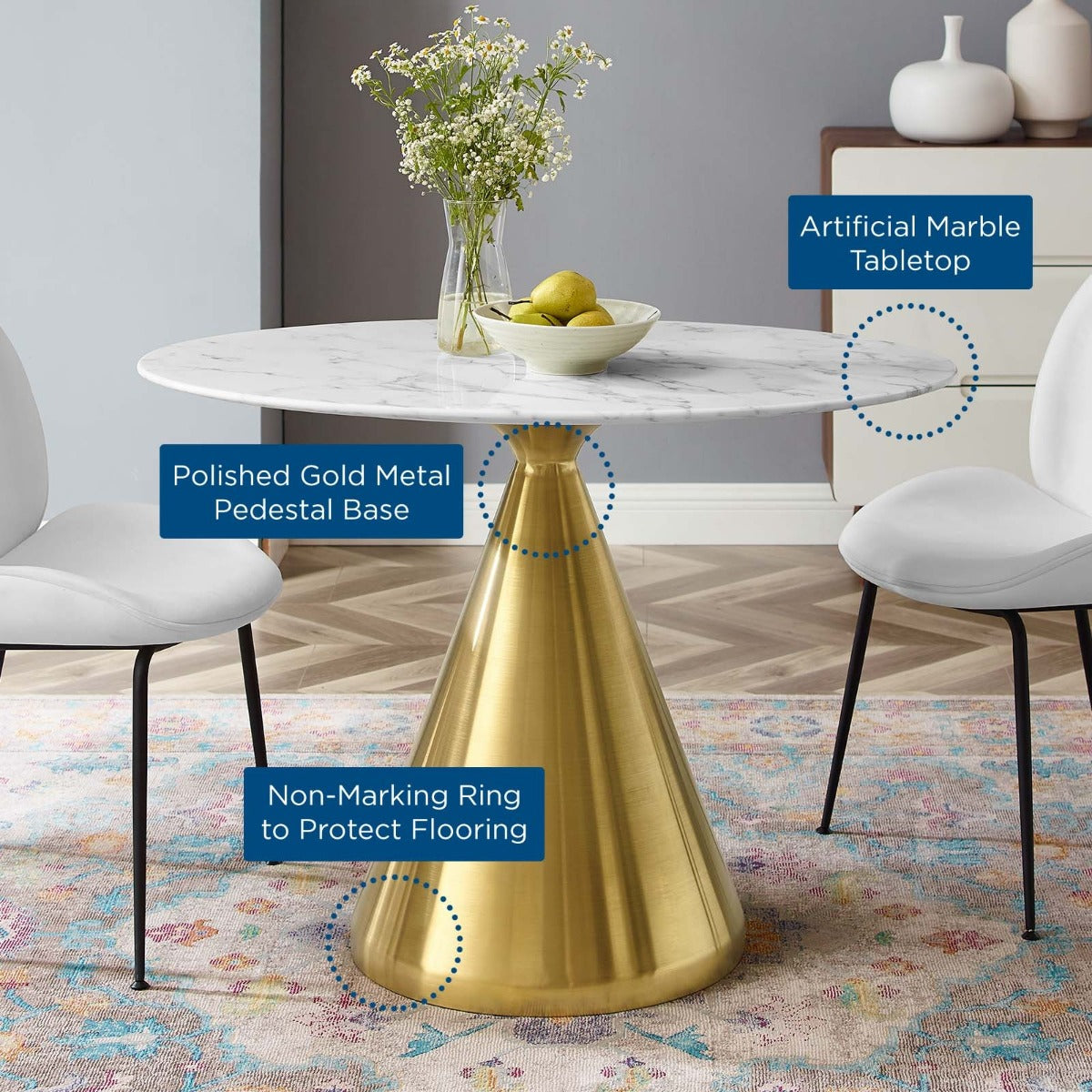 Modway Tupelo 42" Oval Artificial Marble Dining Table Gold White