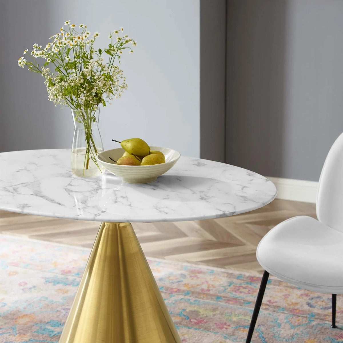 Modway Tupelo 42" Oval Artificial Marble Dining Table Gold White