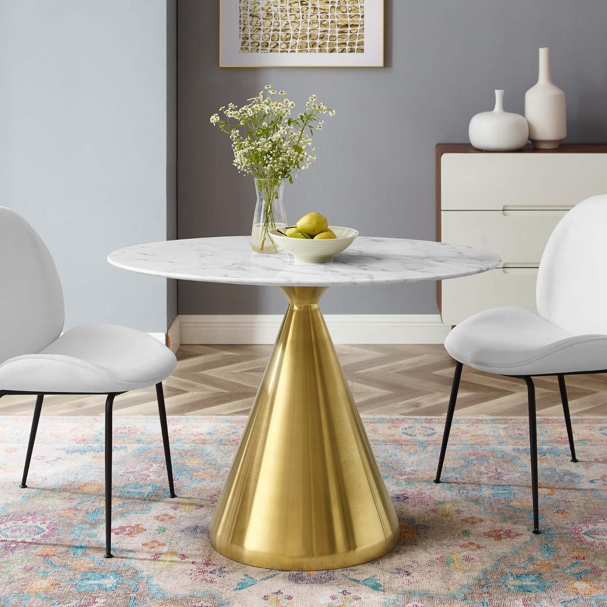 Modway Tupelo 42" Oval Artificial Marble Dining Table Gold White