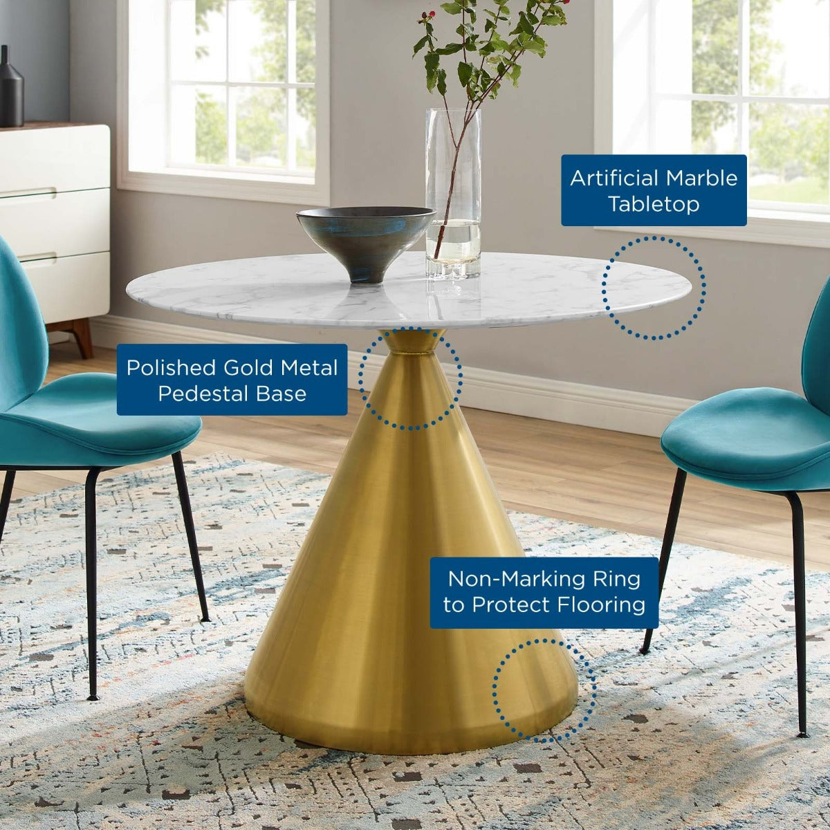 Modway Tupelo 40" Artificial Marble Dining Table Gold White