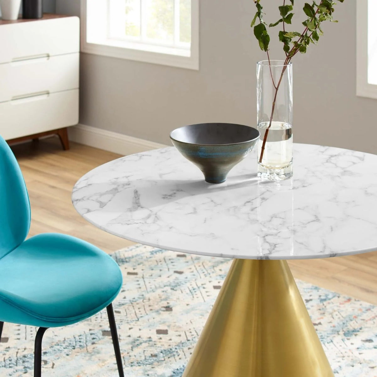 Modway Tupelo 40" Artificial Marble Dining Table Gold White