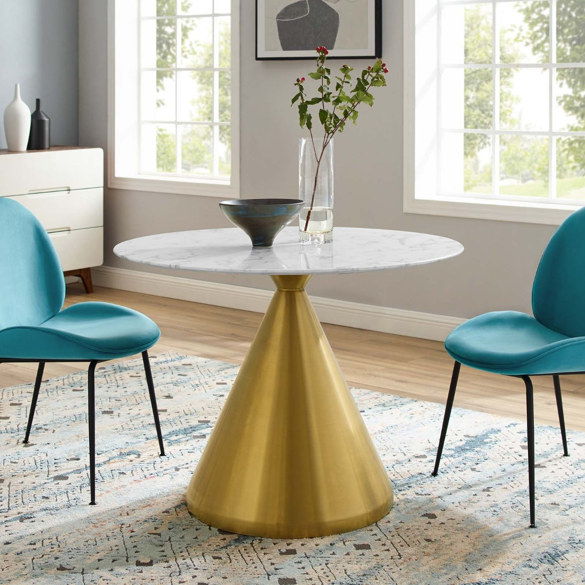 Modway Tupelo 40" Artificial Marble Dining Table Gold White