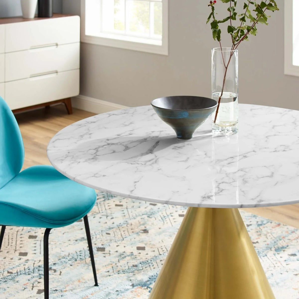 Modway Tupelo 47" Artificial Marble Dining Table Gold White