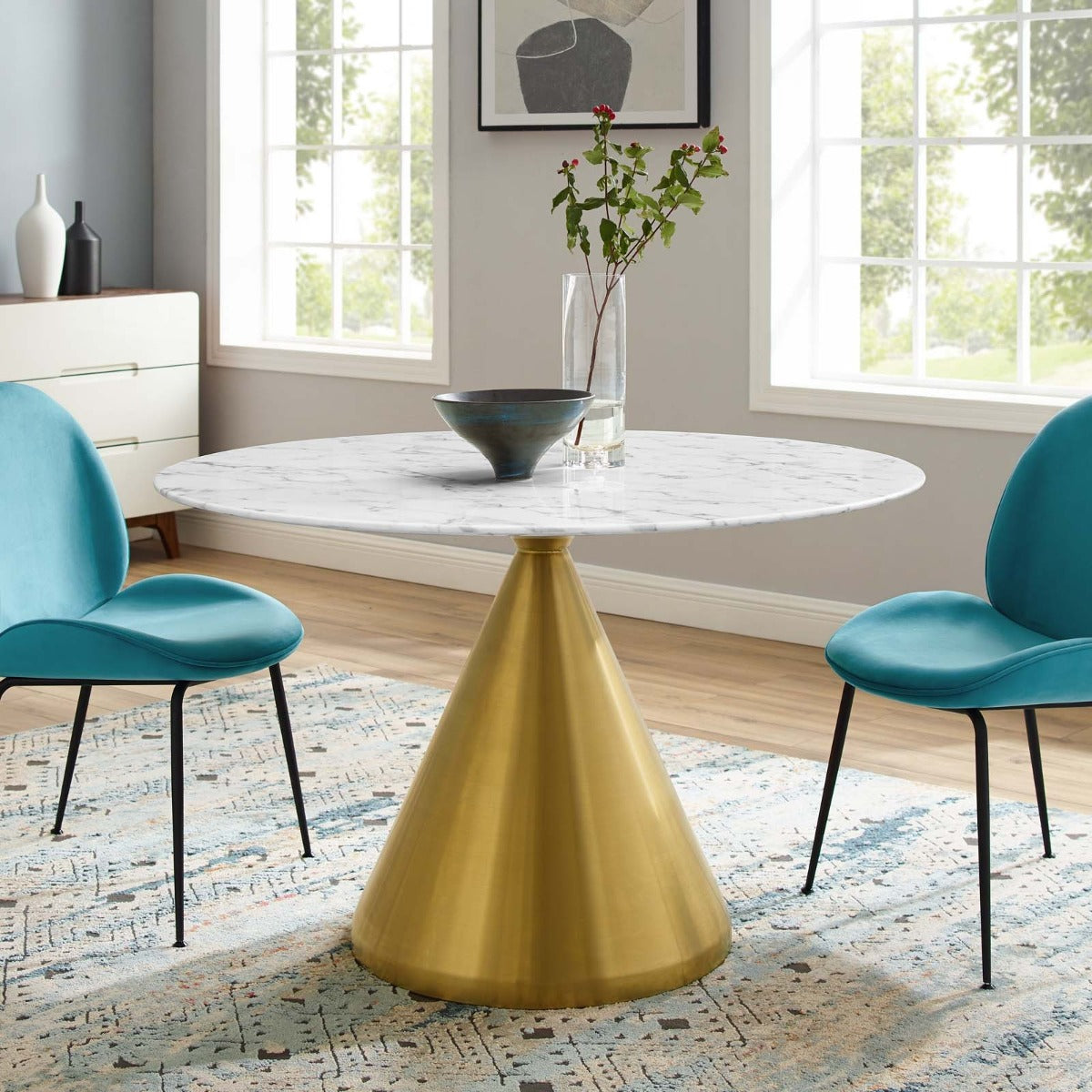 Modway Tupelo 47" Artificial Marble Dining Table Gold White