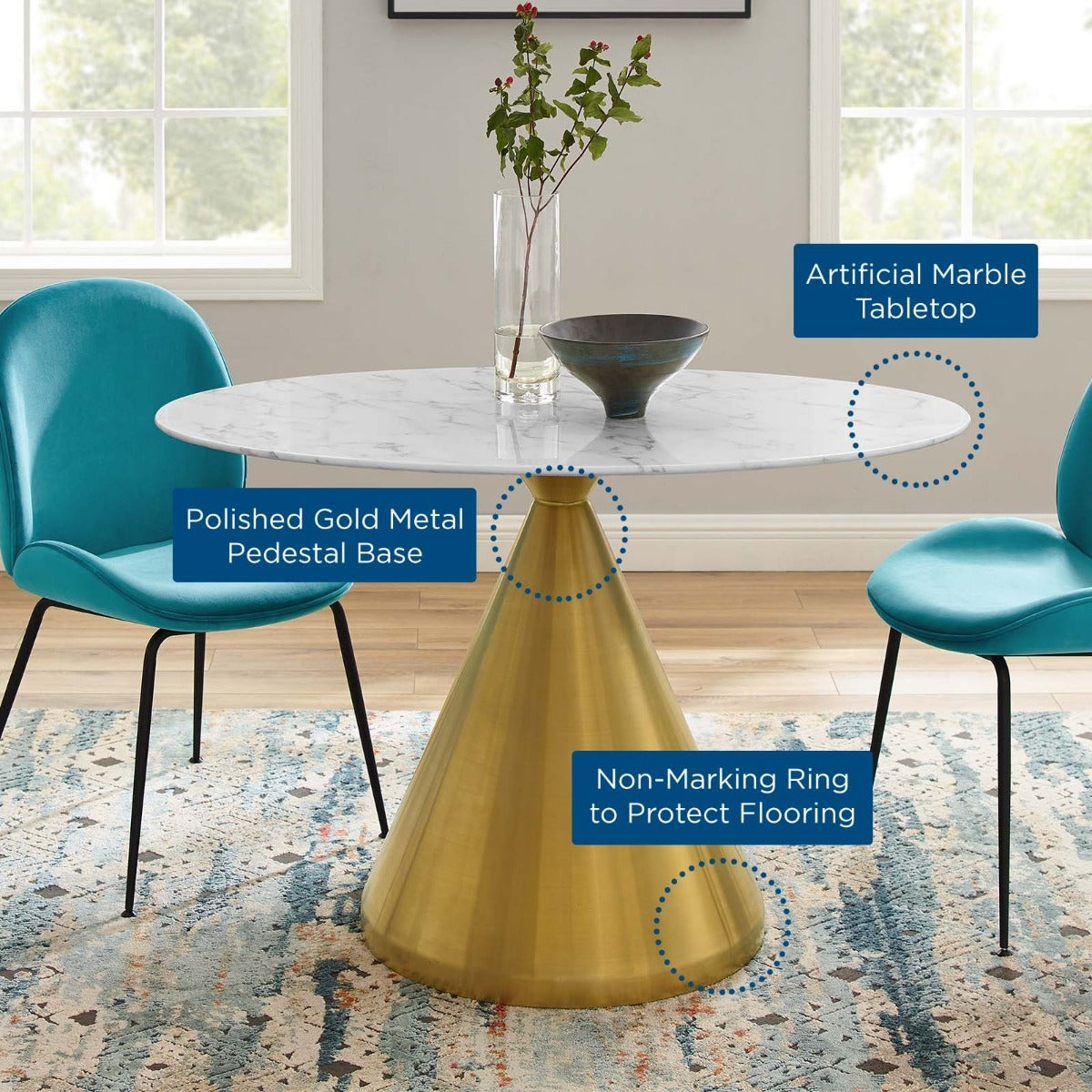 Modway Tupelo 48" Oval Artificial Marble Dining Table Gold White