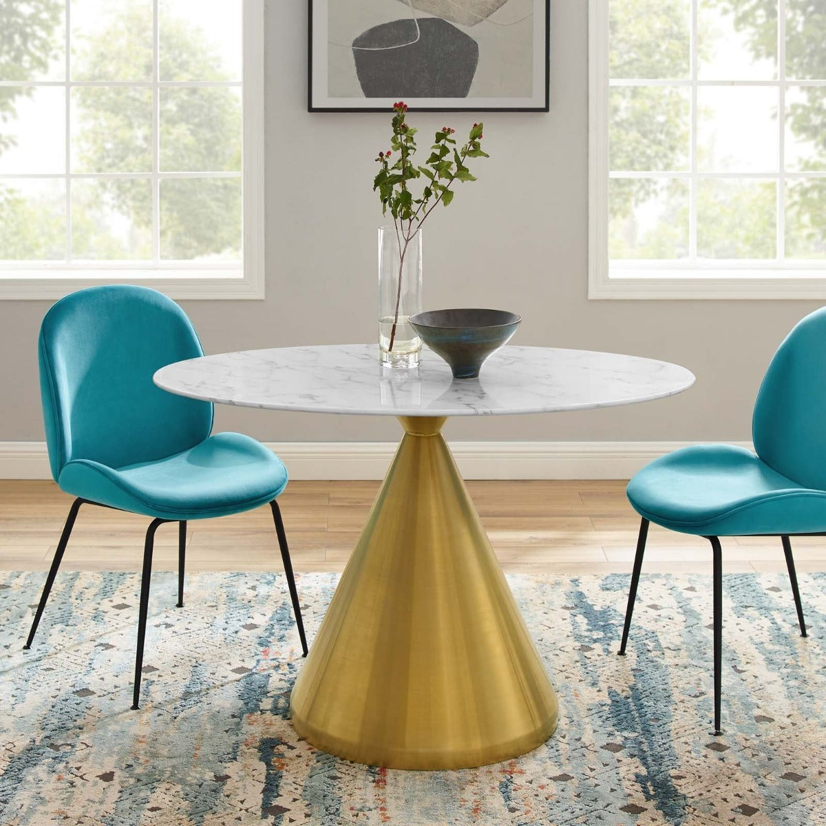 Modway Tupelo 48" Oval Artificial Marble Dining Table Gold White