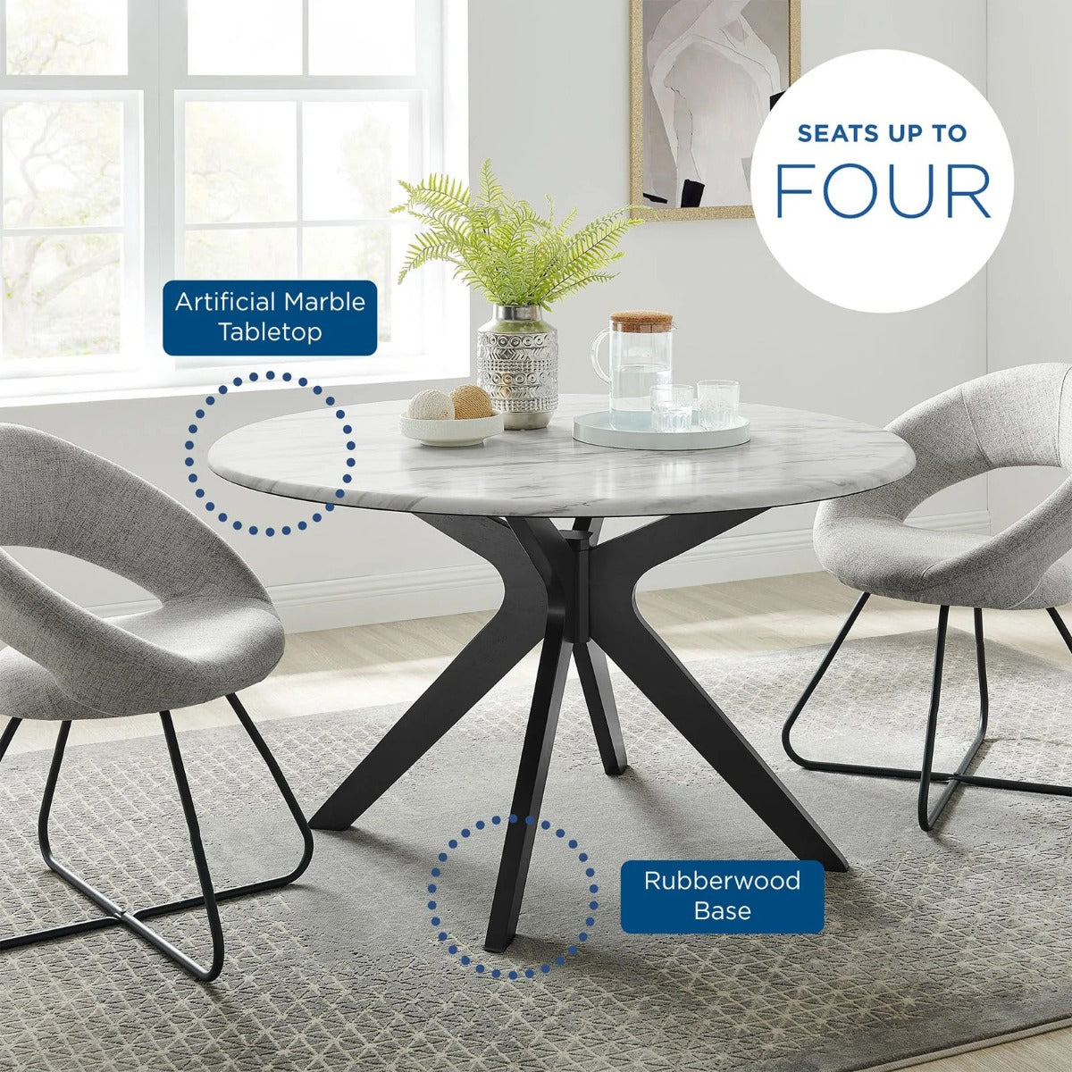 Modway Traverse 50" Round Performance Artificial Marble Dining Table Black White