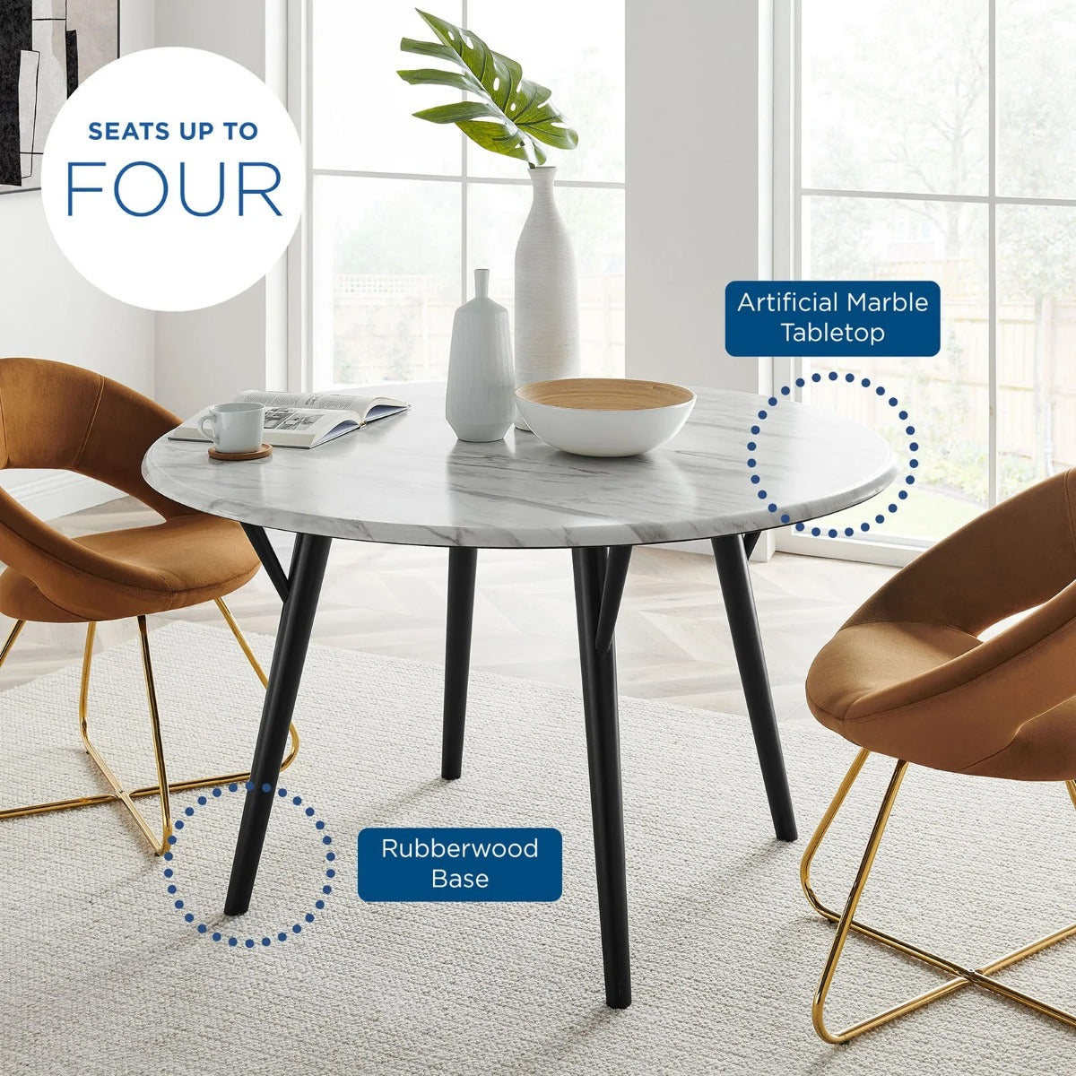 Modway Gallant 50" Round Performance Artificial Marble Dining Table Black White
