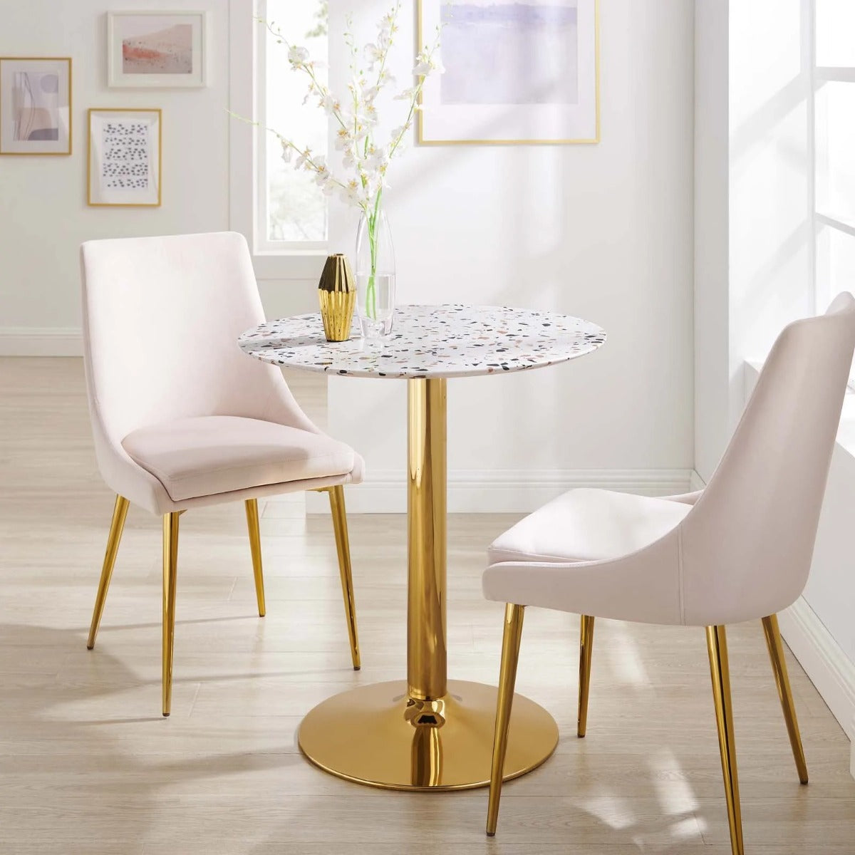 Modway Verne 28" Round Terrazzo Dining Table Gold White