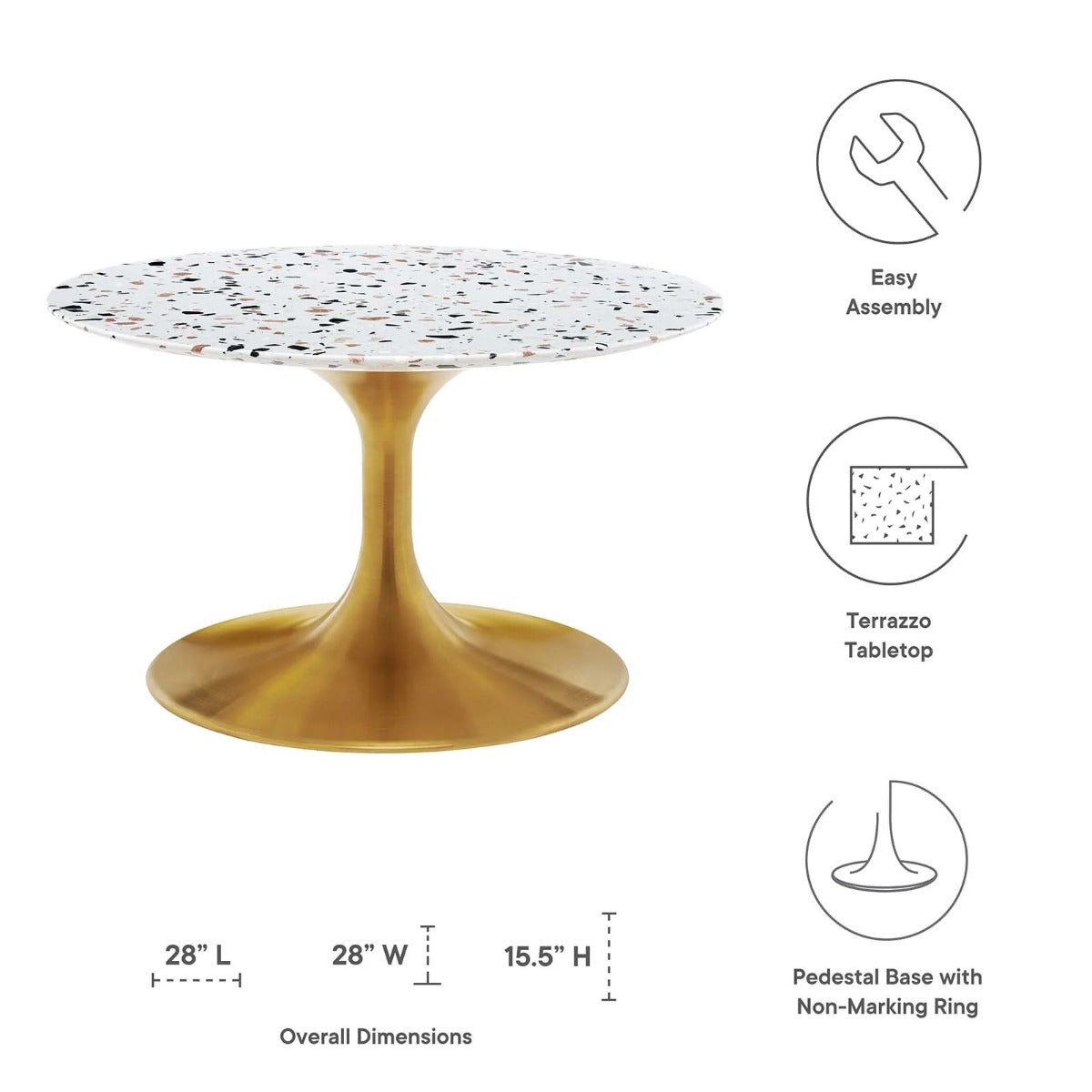Modway Lippa 28" Round Terrazzo Coffee Table Gold White