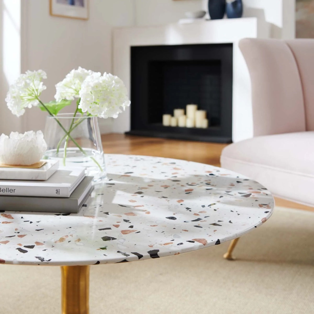 Modway Lippa 28" Round Terrazzo Coffee Table Gold White