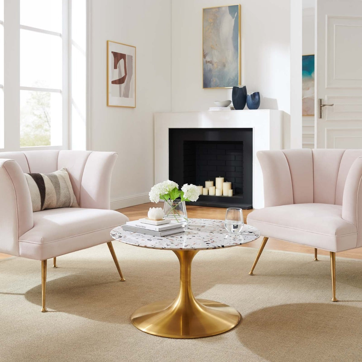 Modway Lippa 28" Round Terrazzo Coffee Table Gold White