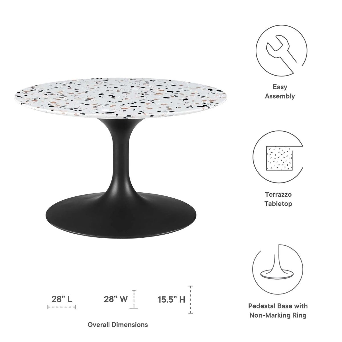 Modway Lippa 28" Round Terrazzo Coffee Table Black White