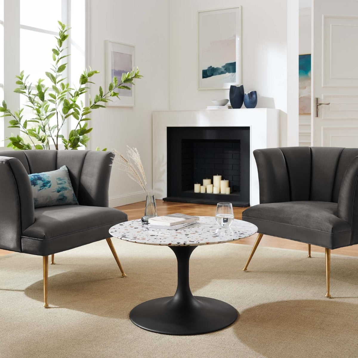 Modway Lippa 28" Round Terrazzo Coffee Table Black White