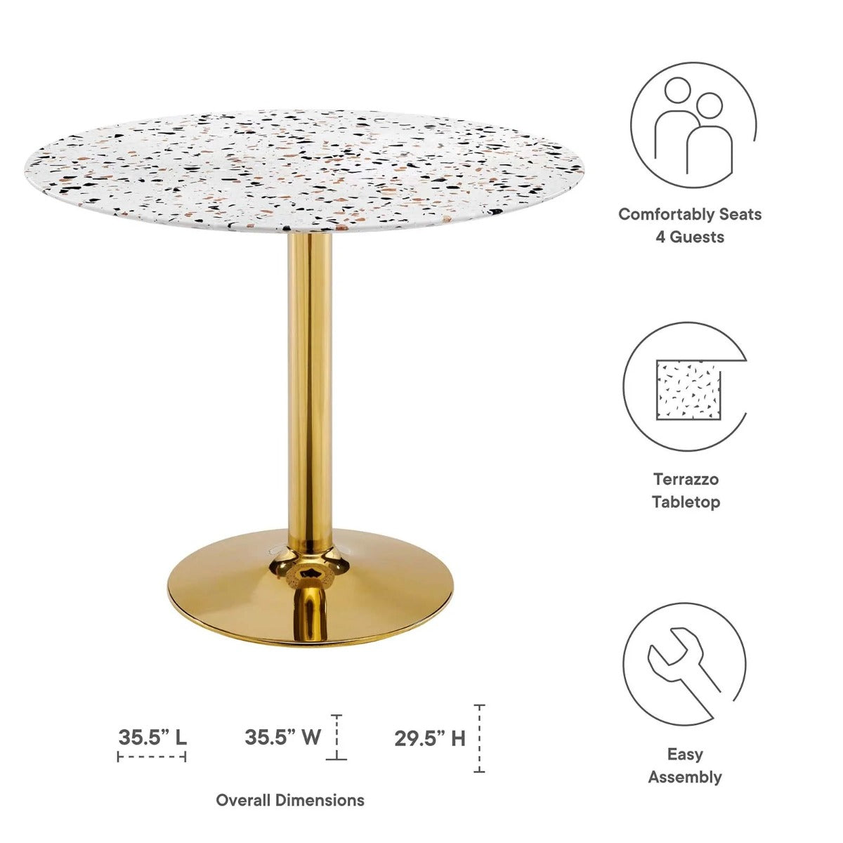 Modway Verne 36" Round Terrazzo Dining Table Gold White