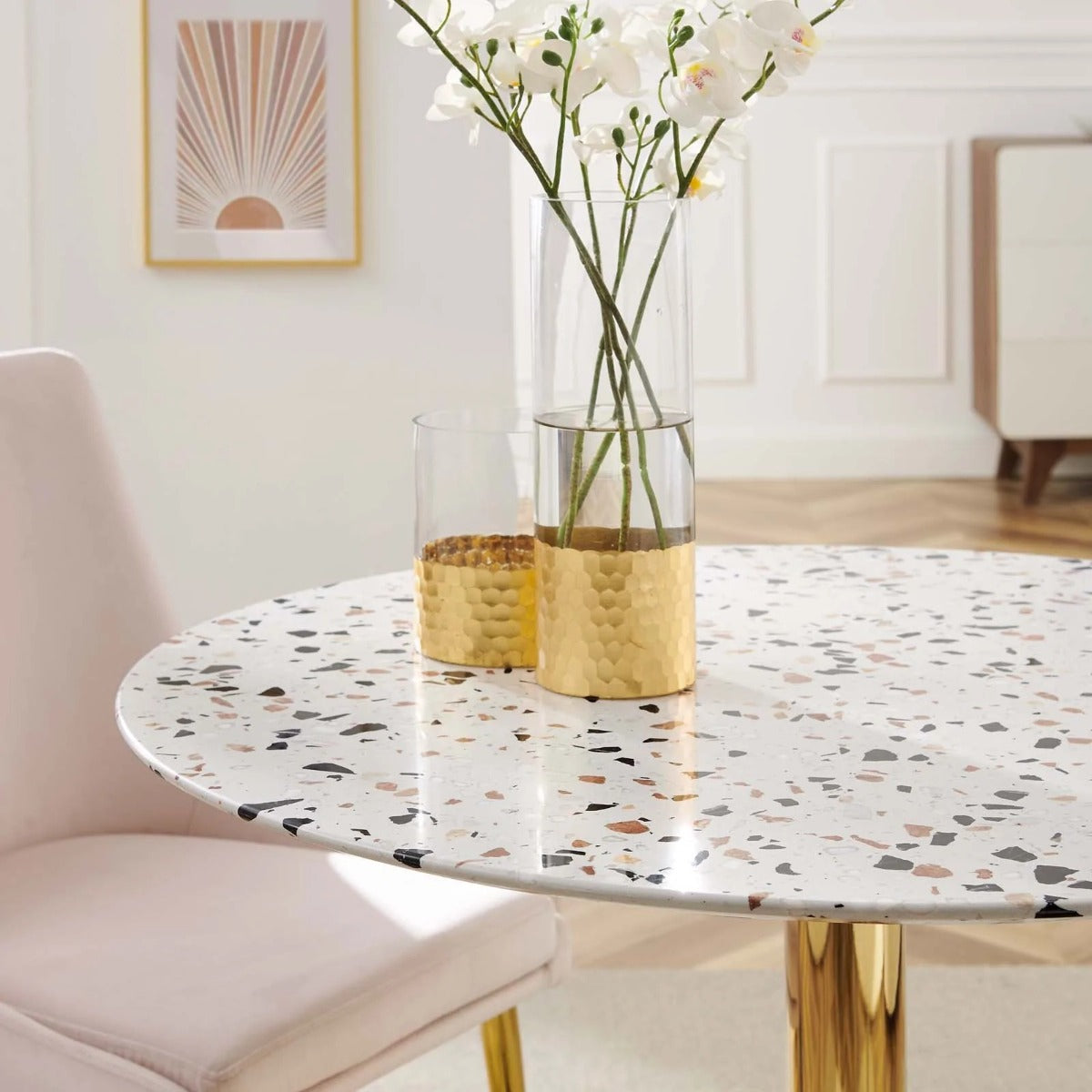 Modway Verne 36" Round Terrazzo Dining Table Gold White