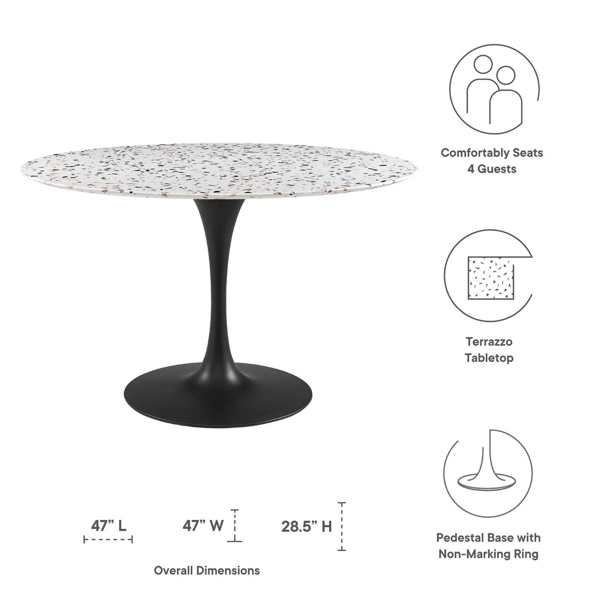 Modway Lippa 47" Round Terrazzo Dining Table Black White