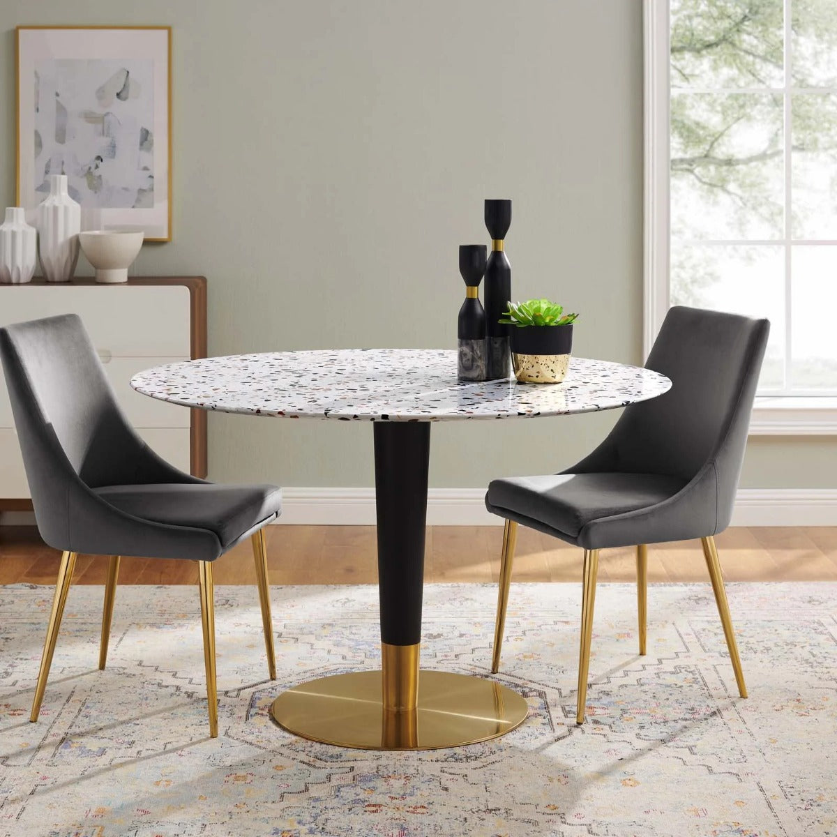 Modway Zinque 47" Round Terrazzo Dining Table Gold White