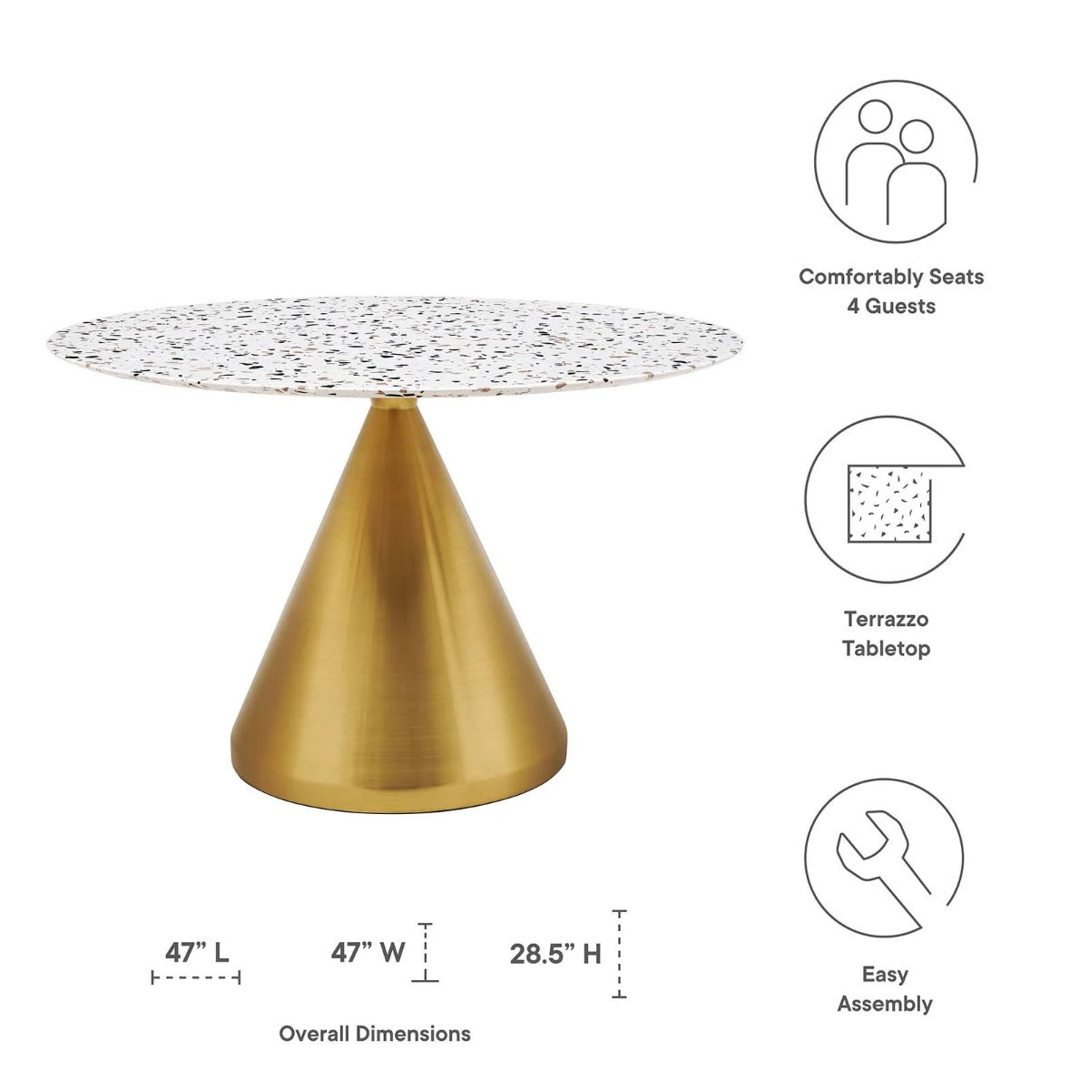 Modway Tupelo 47" Round Terrazzo Dining Table Gold White