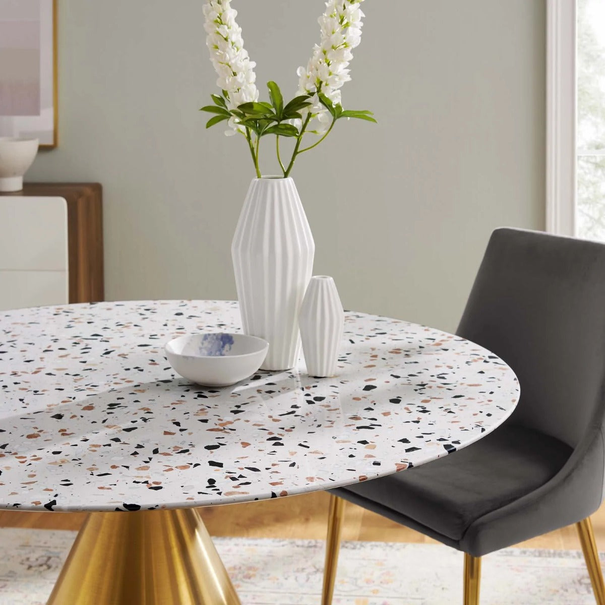 Modway Tupelo 47" Round Terrazzo Dining Table Gold White