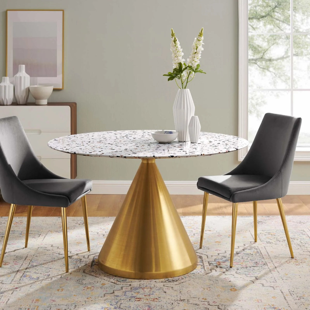 Modway Tupelo 47" Round Terrazzo Dining Table Gold White