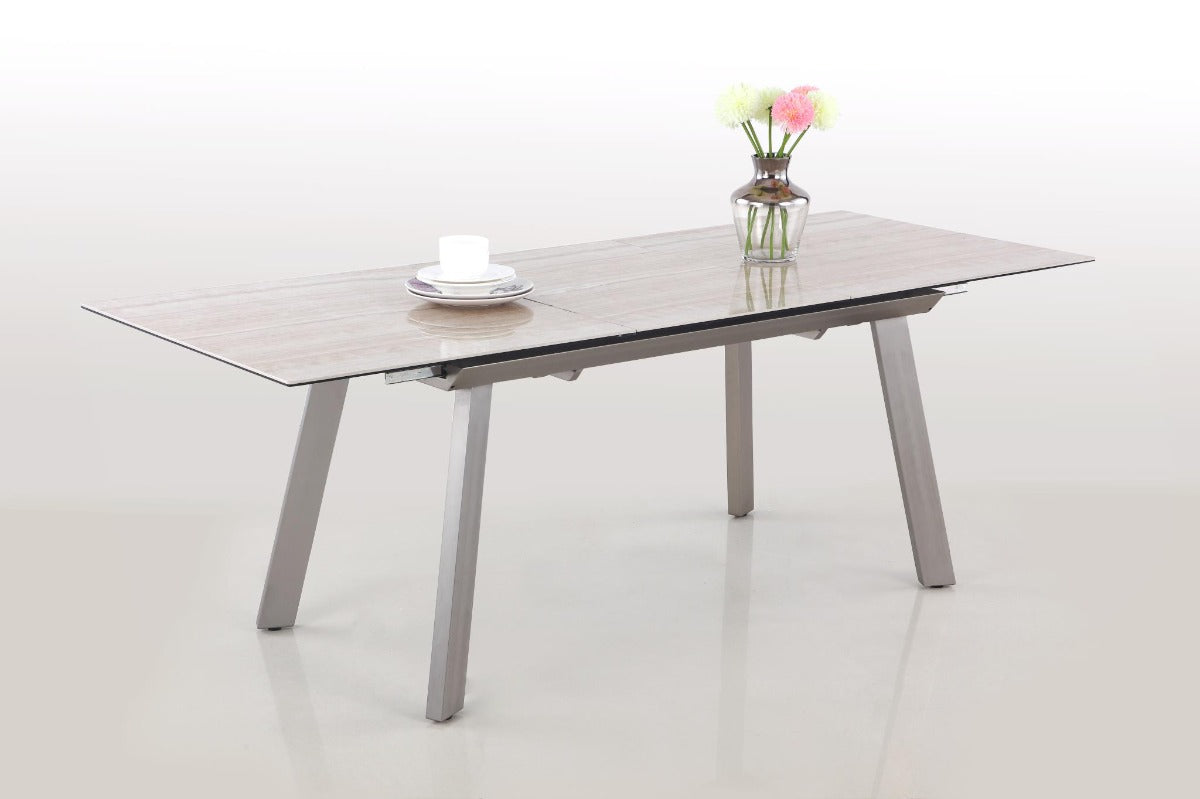 Chintaly Eleanor Glass & Ceramic Table with Pop Up Extension and Four-legged Steel Base