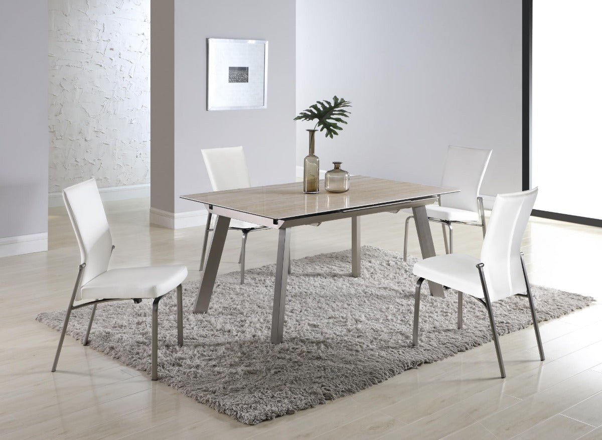 Chintaly Eleanor Glass & Ceramic Table with Pop Up Extension and Four-legged Steel Base