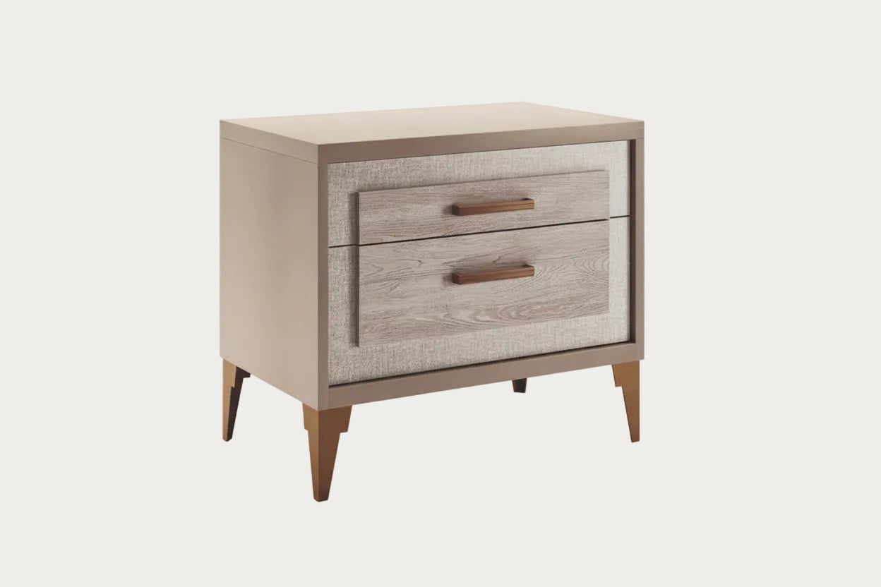 Ellen two-drawer nightstand with a textured finish on a white background.