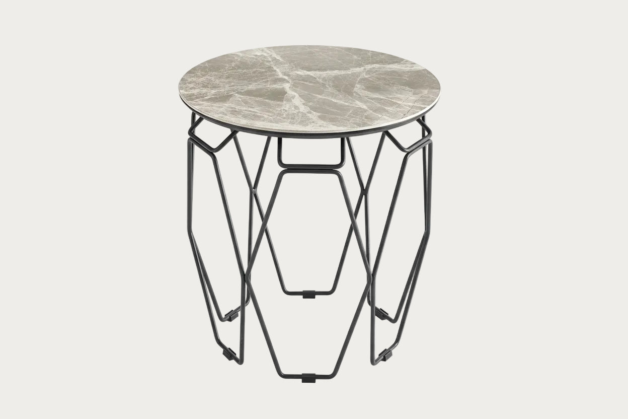 Ellipse end table with marble-finish ceramic top and black legs