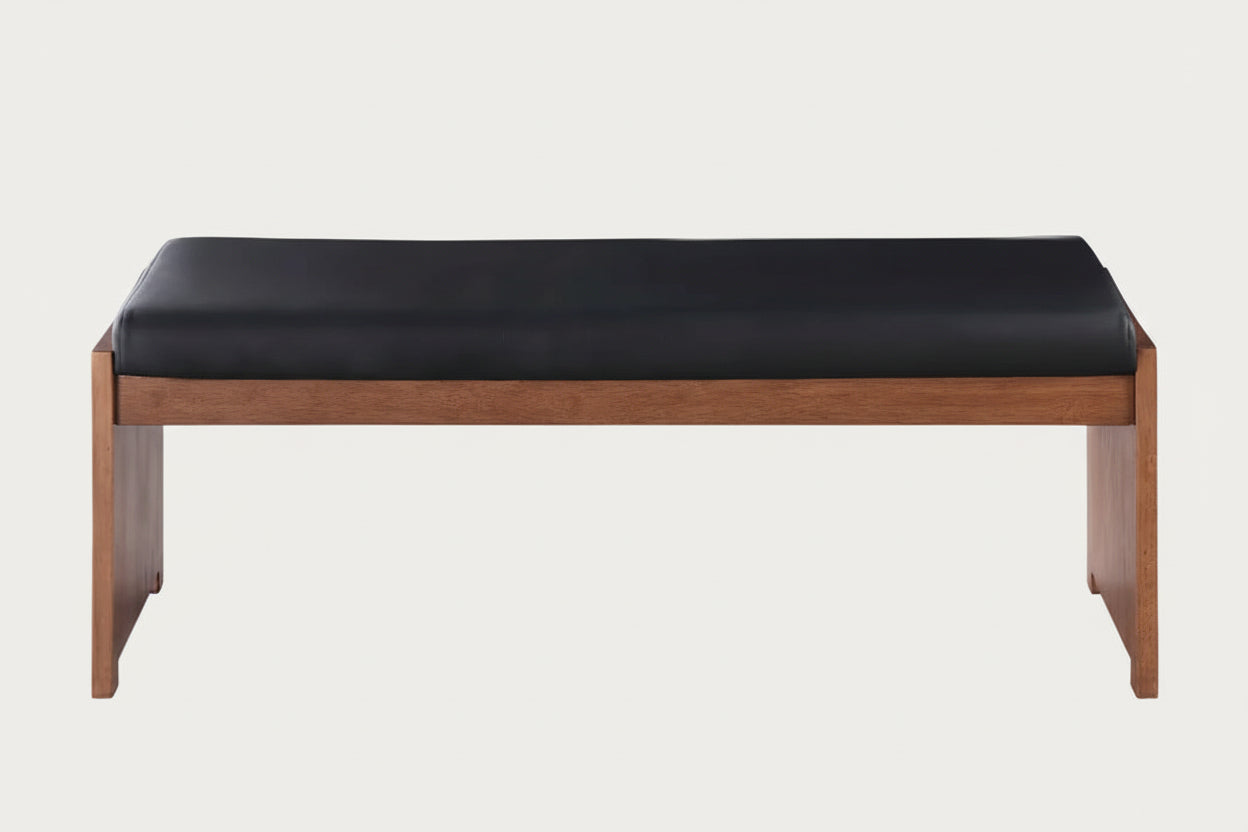 Emma bench upholstered with black faux leather seat and wooden frame on a white background