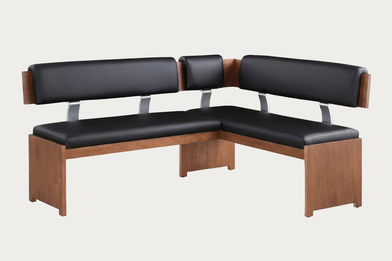 Emma sectional bench with black leather seats and wooden frame on a white background