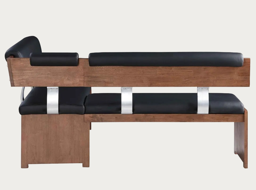 Emma wooden nook upholstered with black faux leather cushioned seats on a white background